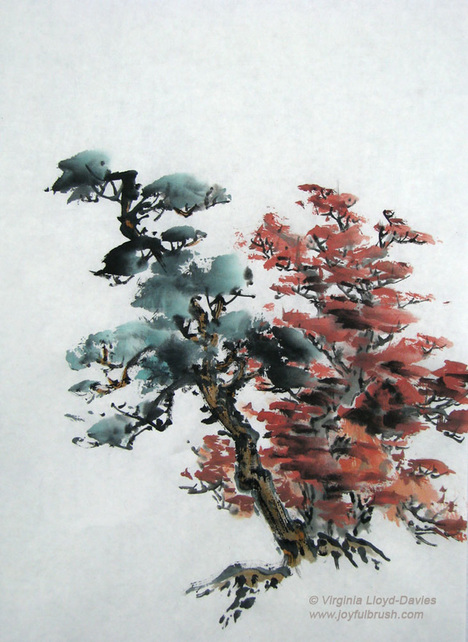 Chinese brush painting of one green tree and one red tree