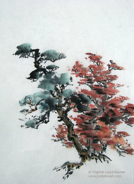 Chinese brush painting of one green tree and one red tree