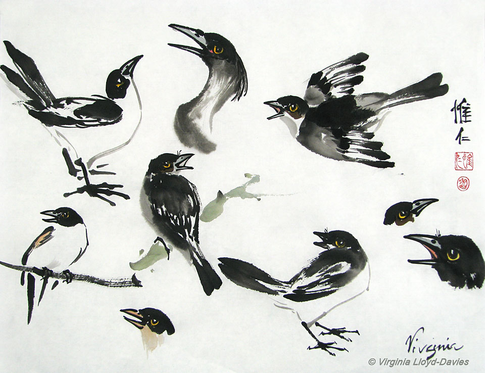 Chinese brush painting of black birds in different poses