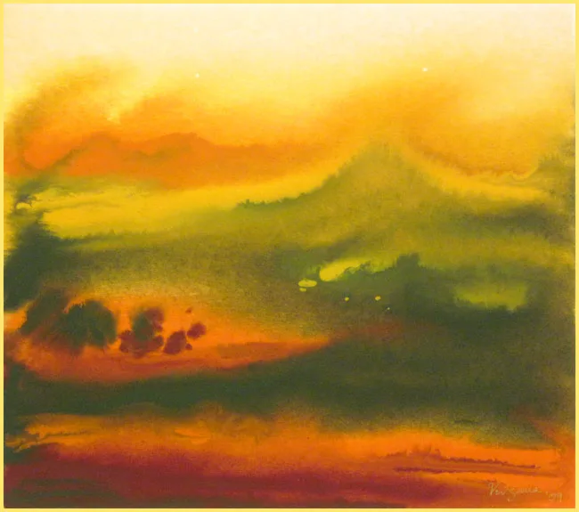 impressionistic landscape in yellow, orange, green and brown