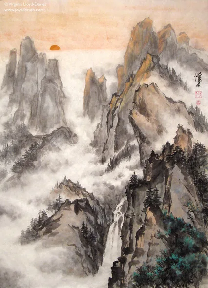 Chinese landscape showing misty sunset on rice paper
