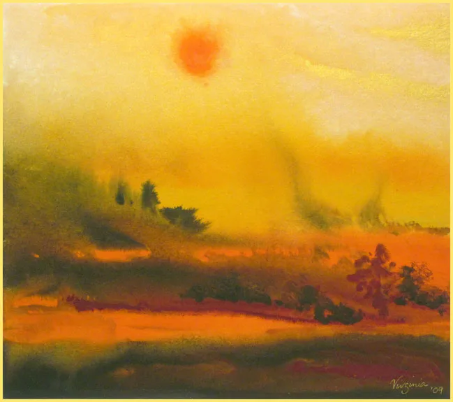 hazy sunshine landscape in yellow, orange and green