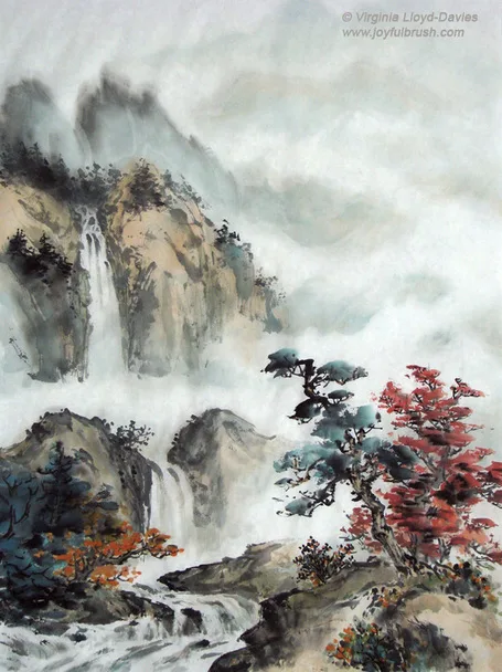 Chinese brush painting of waterfalls, rocks and trees