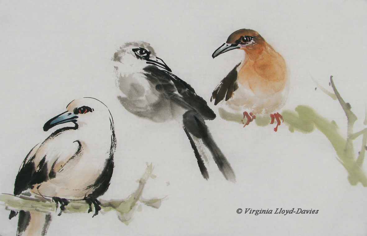 Chinese brush painting of 3 birds