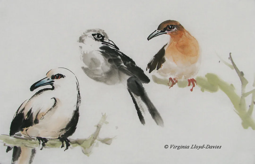 Chinese brush painting of 3 birds