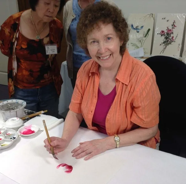 Virginia starting a red peony on rice paper