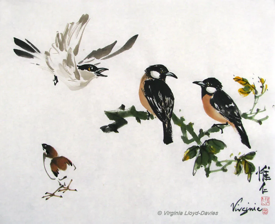 Chinese brush painting of birds including a chick, a flying bird and two birds on a branch