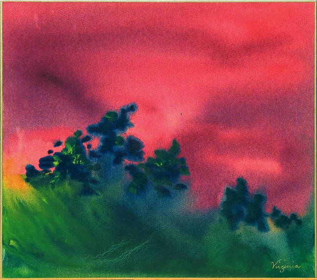 blue and green plants with red background