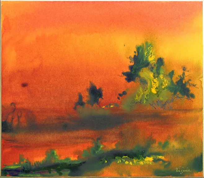 impressionistic painting in orange, green and yellow