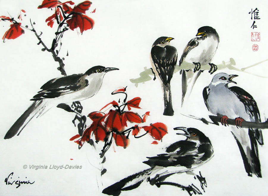 Chinese brush painting of birds including a pigeon, a phoebe and Virginia birds