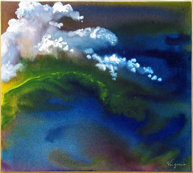 White clouds above impressionistic planet in blues and greens