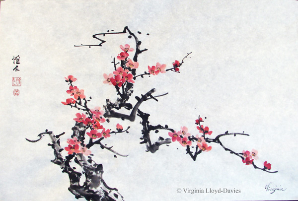 Chinese brush painting of red plum, signed and sealed  by the artist