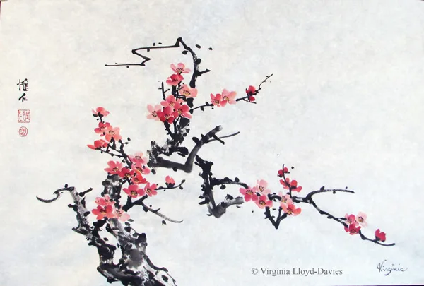 Chinese brush painting of red plum, signed and sealed  by the artist