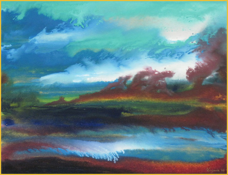Abstract painting in blues, greens and browns