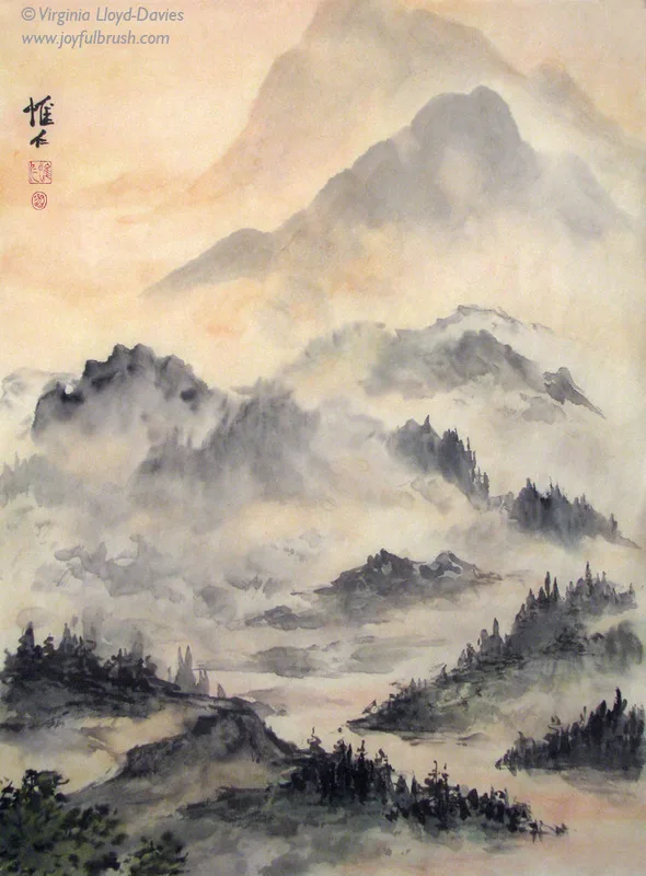 Chinese brush painting on rice paper of dawn in the mountins