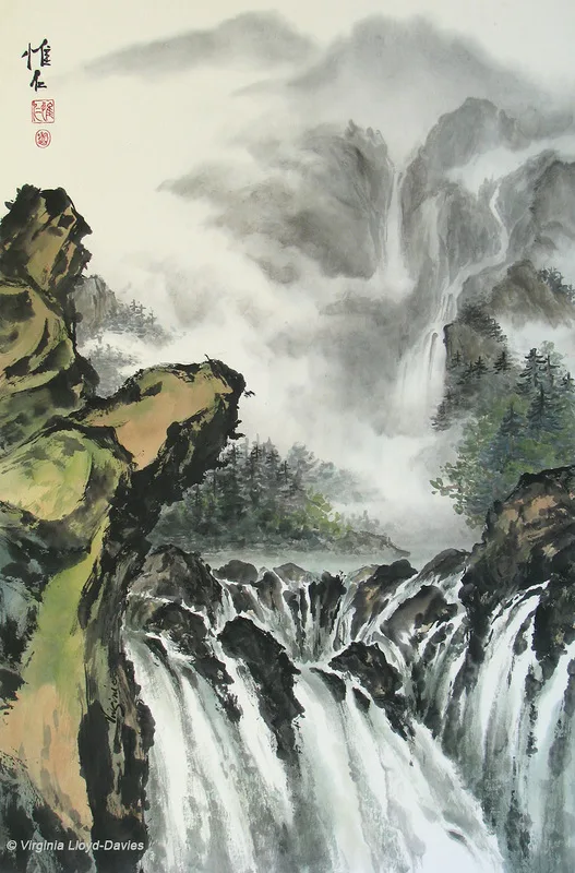 Chinese brush painting of rocky waterfall with large green rocks in foreground