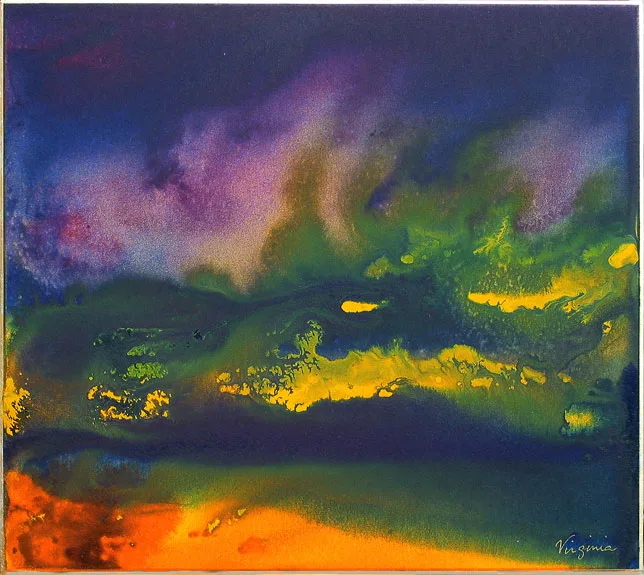 impressionistic painting in purples, greens, yellows and orange