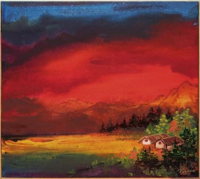 Two cabins below mountains and red sky