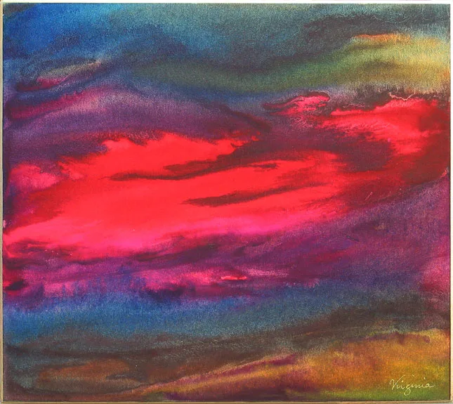 impressionistic painting in reds, purples and blues