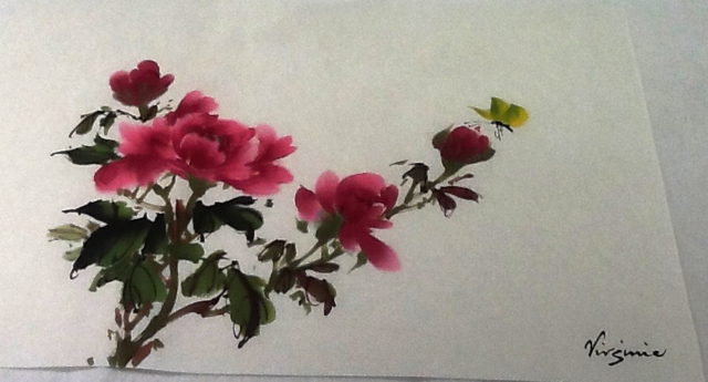 Red Peony and yellow butterfly finished painting