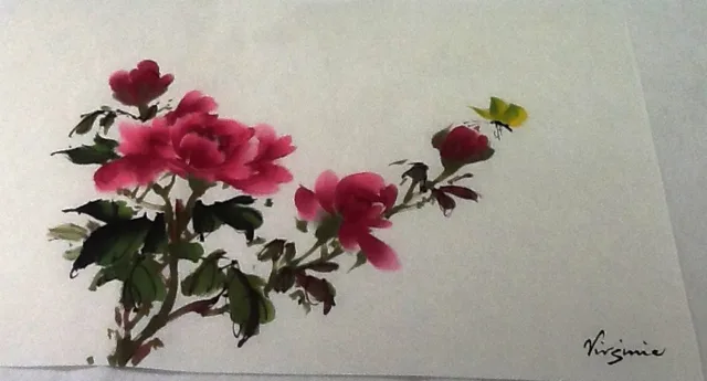 Red Peony and yellow butterfly finished painting
