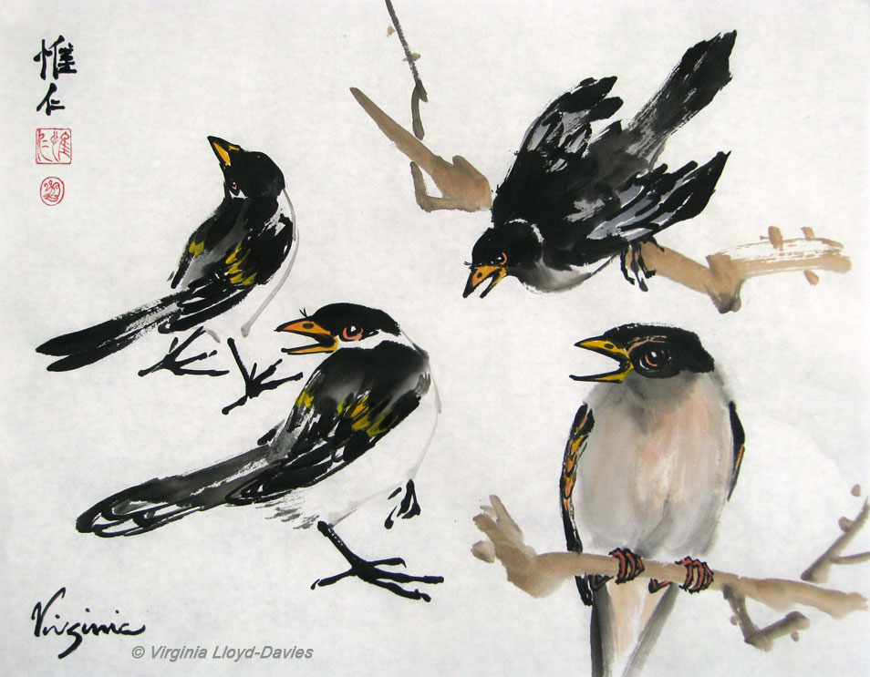 Chinese brush painting of birds in different poses