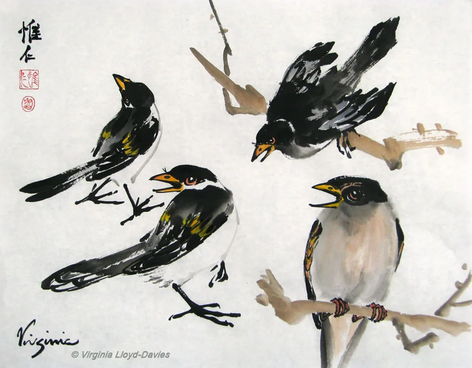 Chinese brush painting of birds in different poses