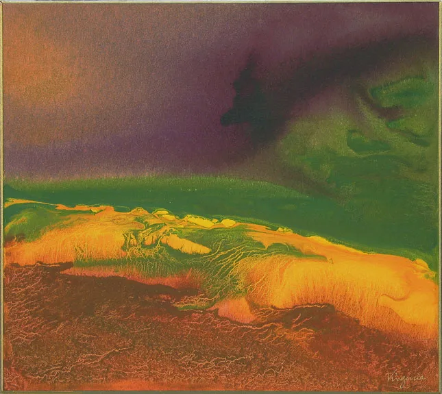 abstract impressionism of moving sand and sea in greens, yellows and browns