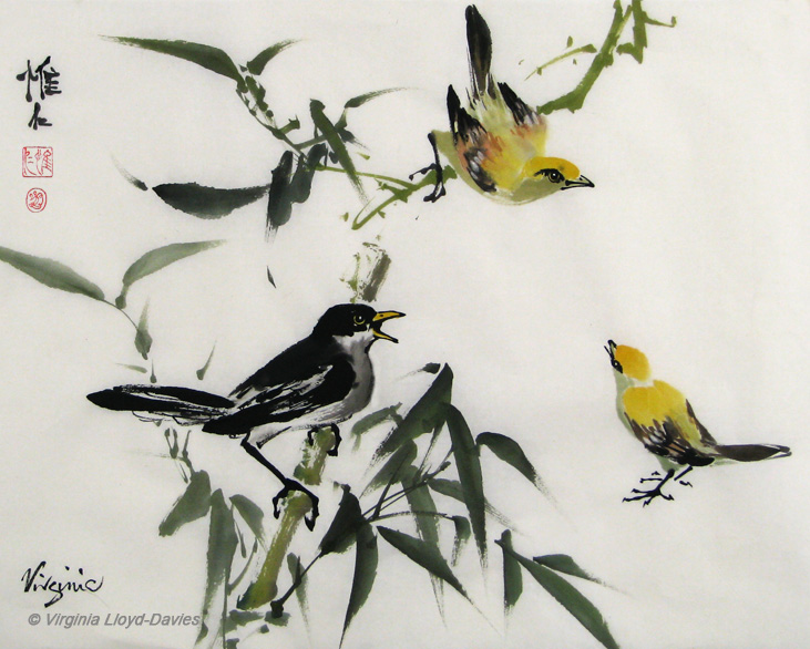 Chinese brush painting of goldfinches and blackbird on rice paper