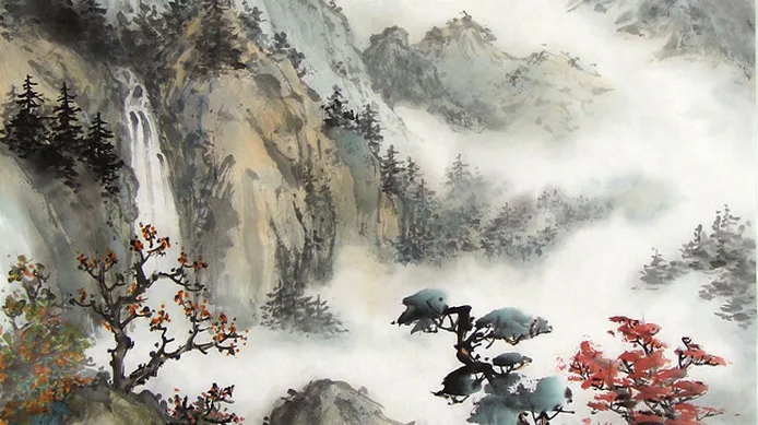 Middle section of landscape showing additions of forests, mountains and mist