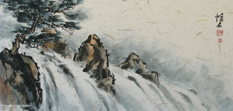 Chinese brush painting of rocks and large waterfall
