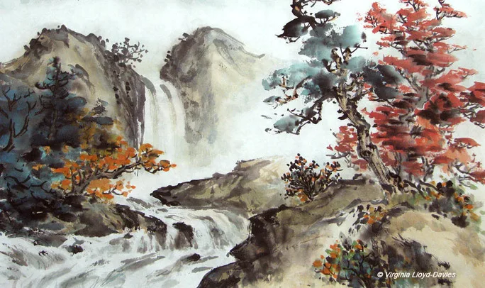 Painting of trees, rocks and water on rice paper