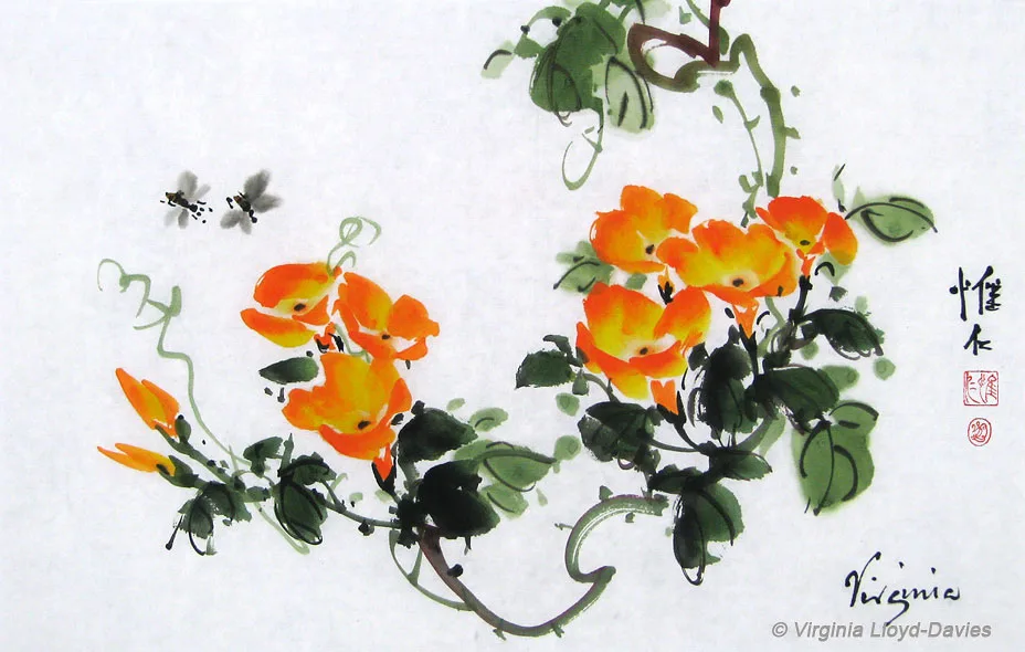 Chinese brush painting of Trumpet Vine and Bees