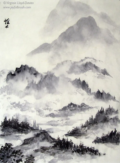Chinese brush painting of misty mountains on rice paper
