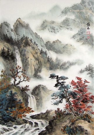 Chinese brush painting of misty mountains, waterfalls and rapids