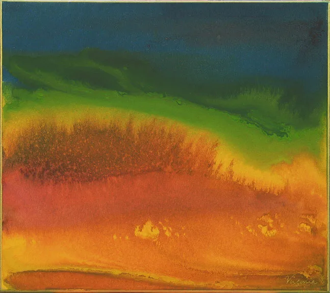 impressionistic painting in yellow, brown, green and blue