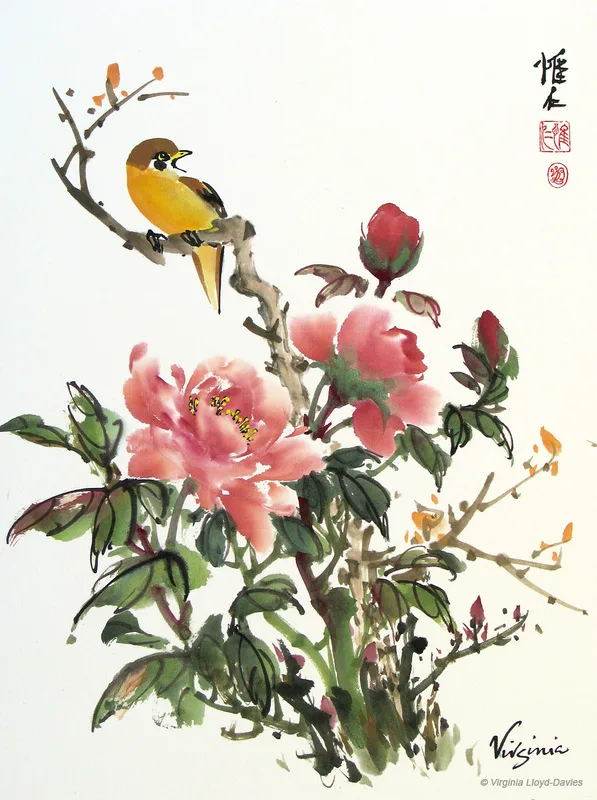Chinese brush painting of peachy peonies with a yellow bird perched on branch