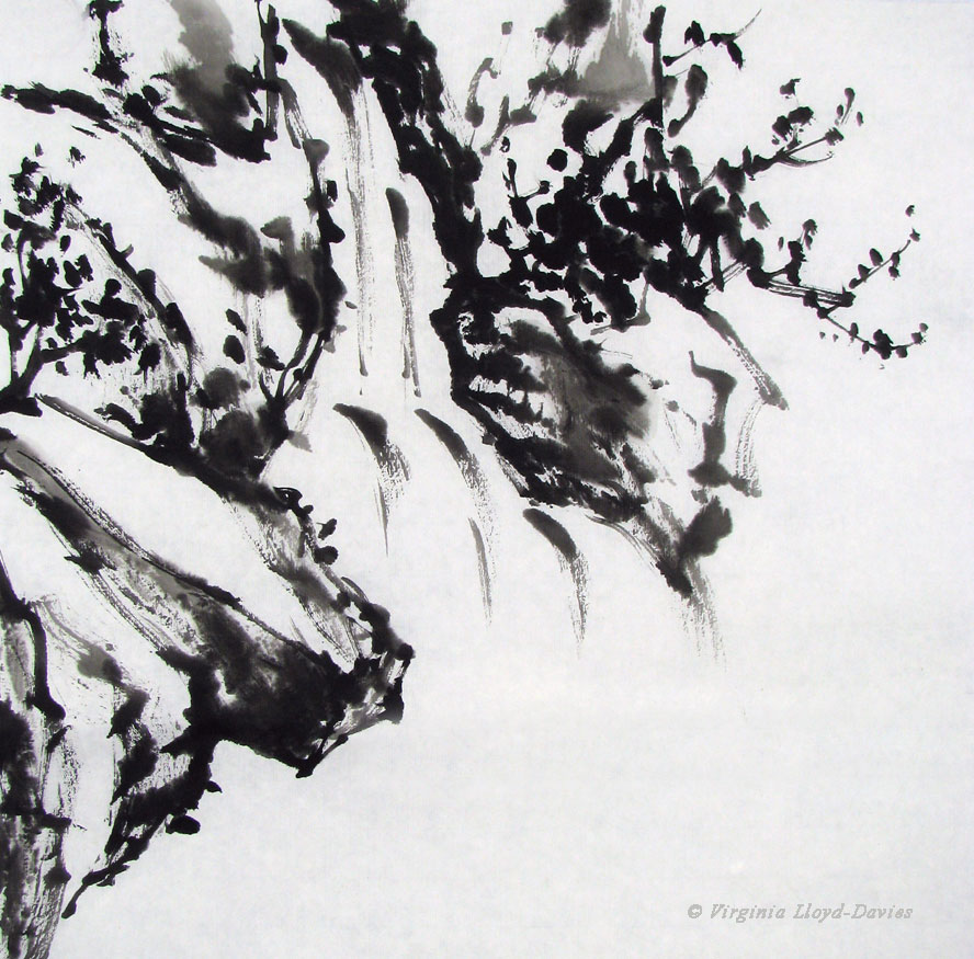 black ink close-up of waterfall