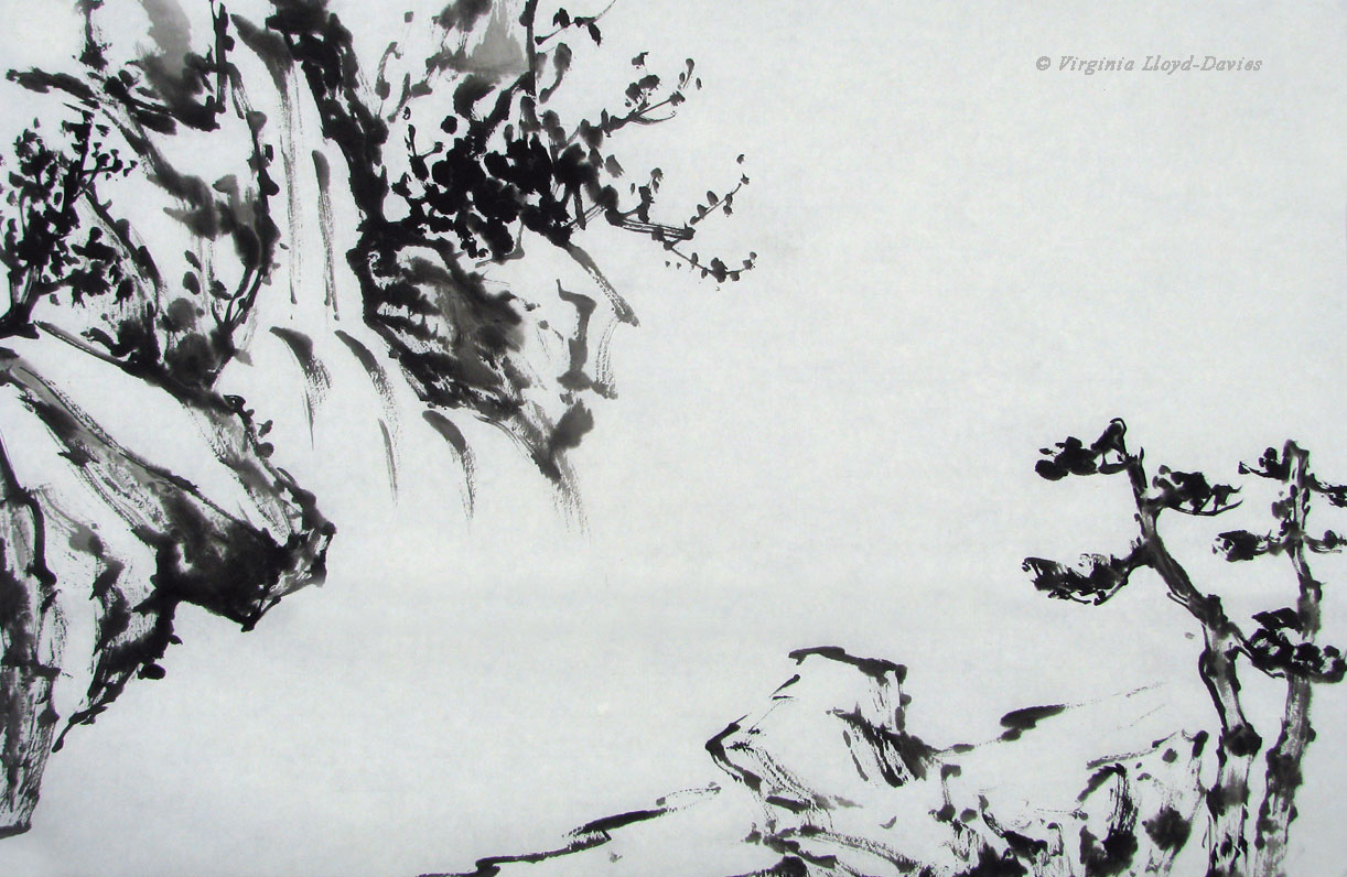 Black ink sketch showing waterfall and foreground