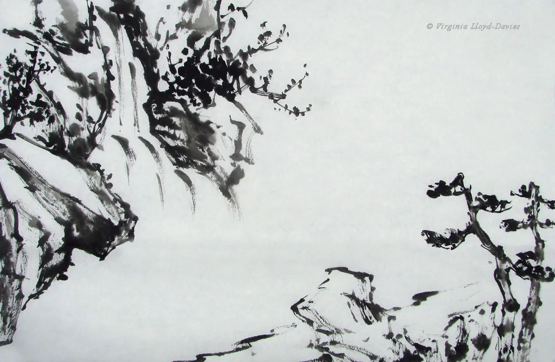 Black ink sketch showing waterfall and foreground