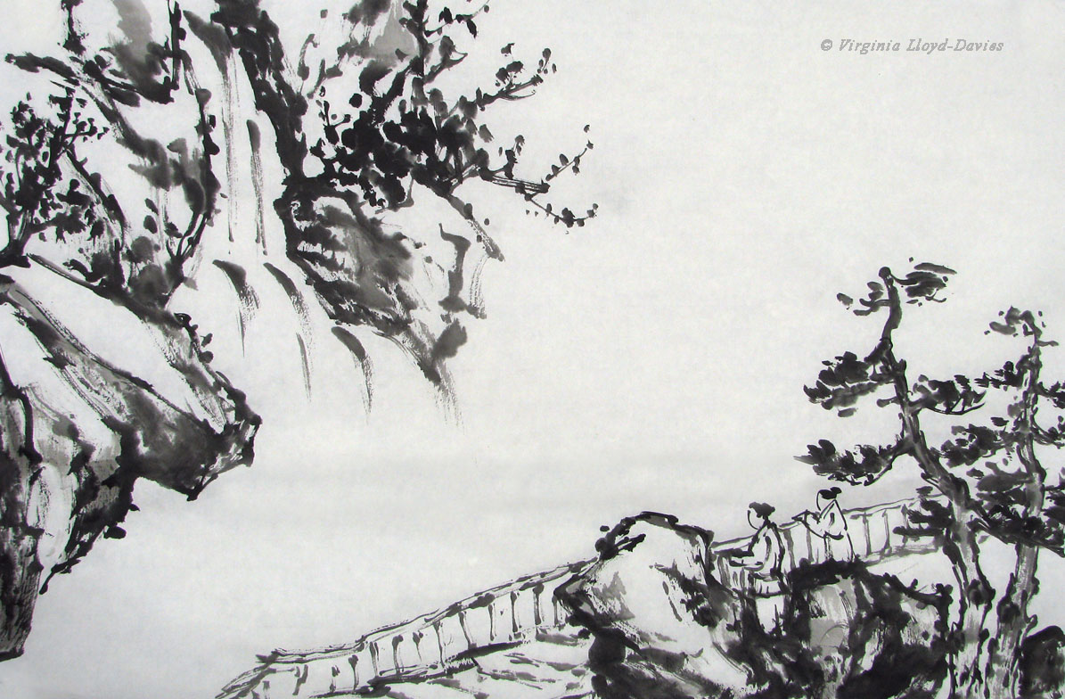 Black Ink Painting of Waterfall & People