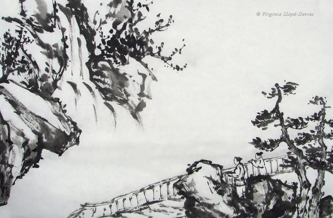 Black Ink Painting of Waterfall & People