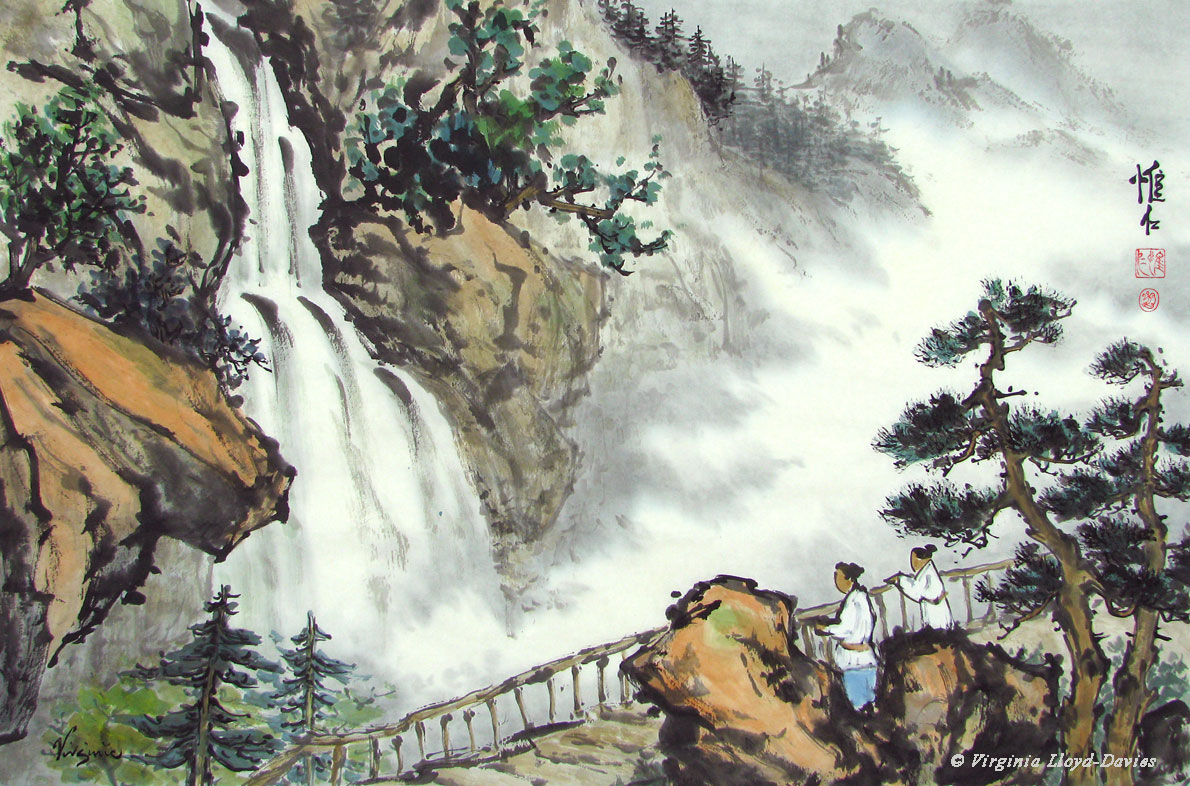 Completed Chinese Brush Painting of Waterfall & Observers