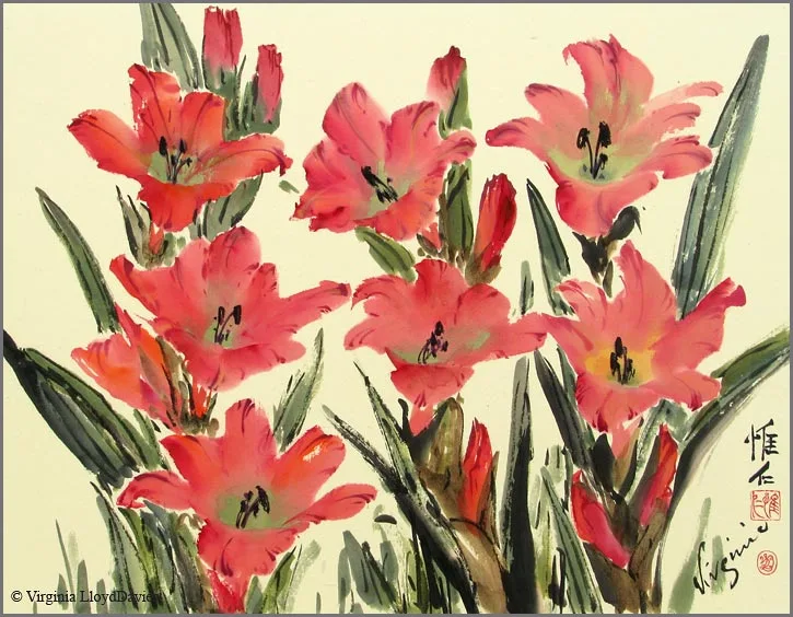 Red gladioli on yellow paper