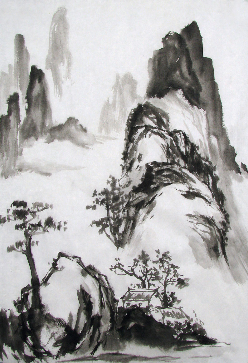 Black ink sketch of mountains and housesPicture
