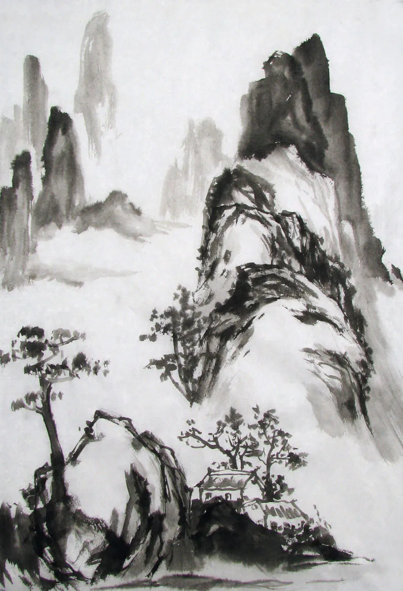Black ink sketch of mountains and housesPicture