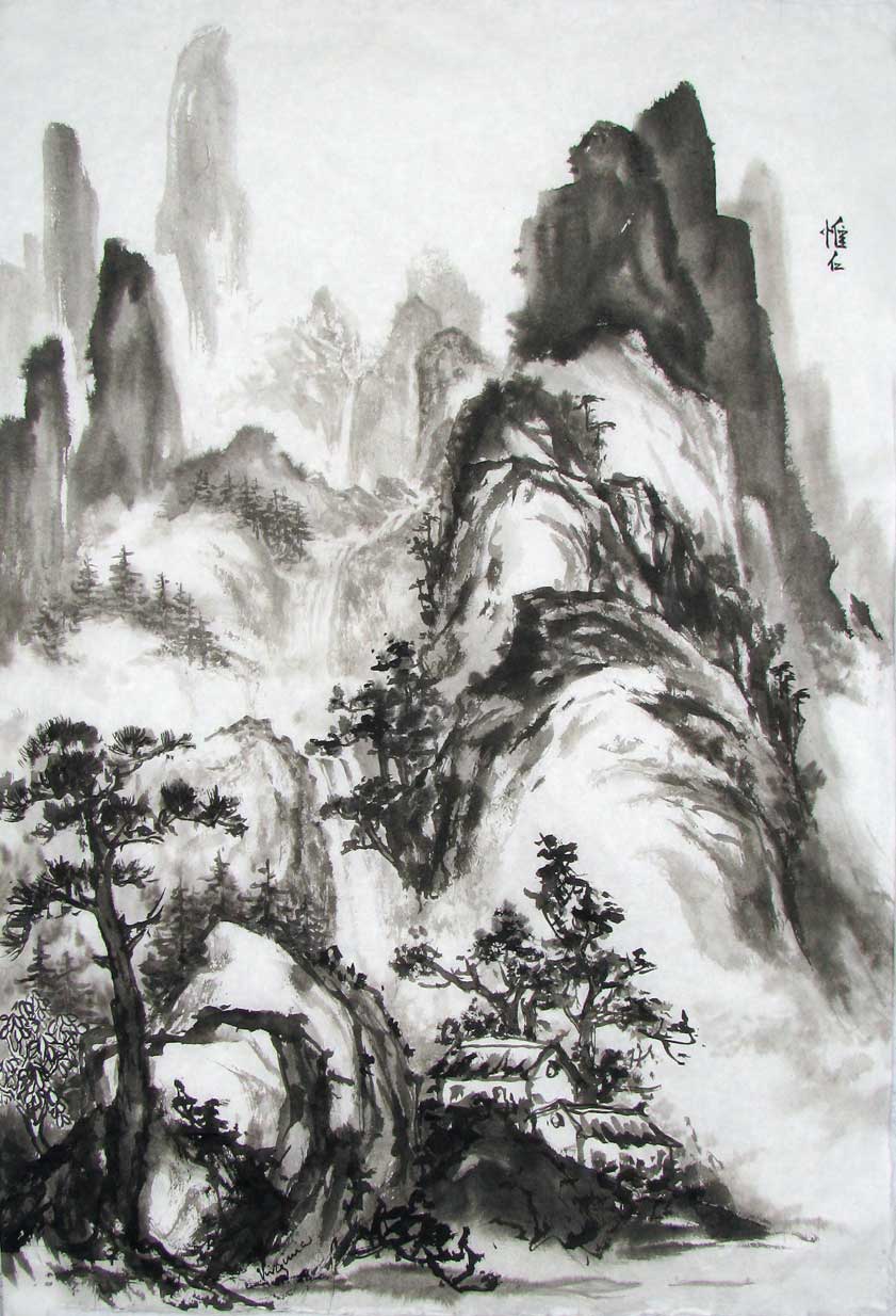 Mountains, houses and waterfalls in black ink