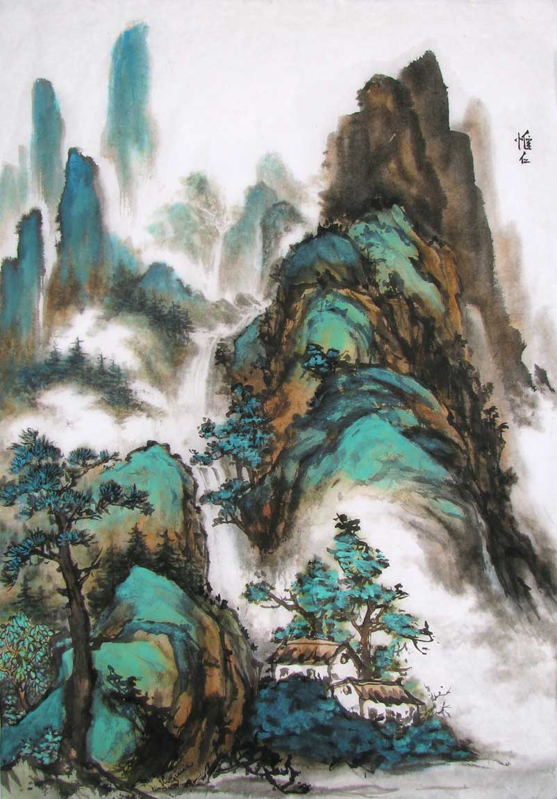 Rocks and mountains in bright blue and green