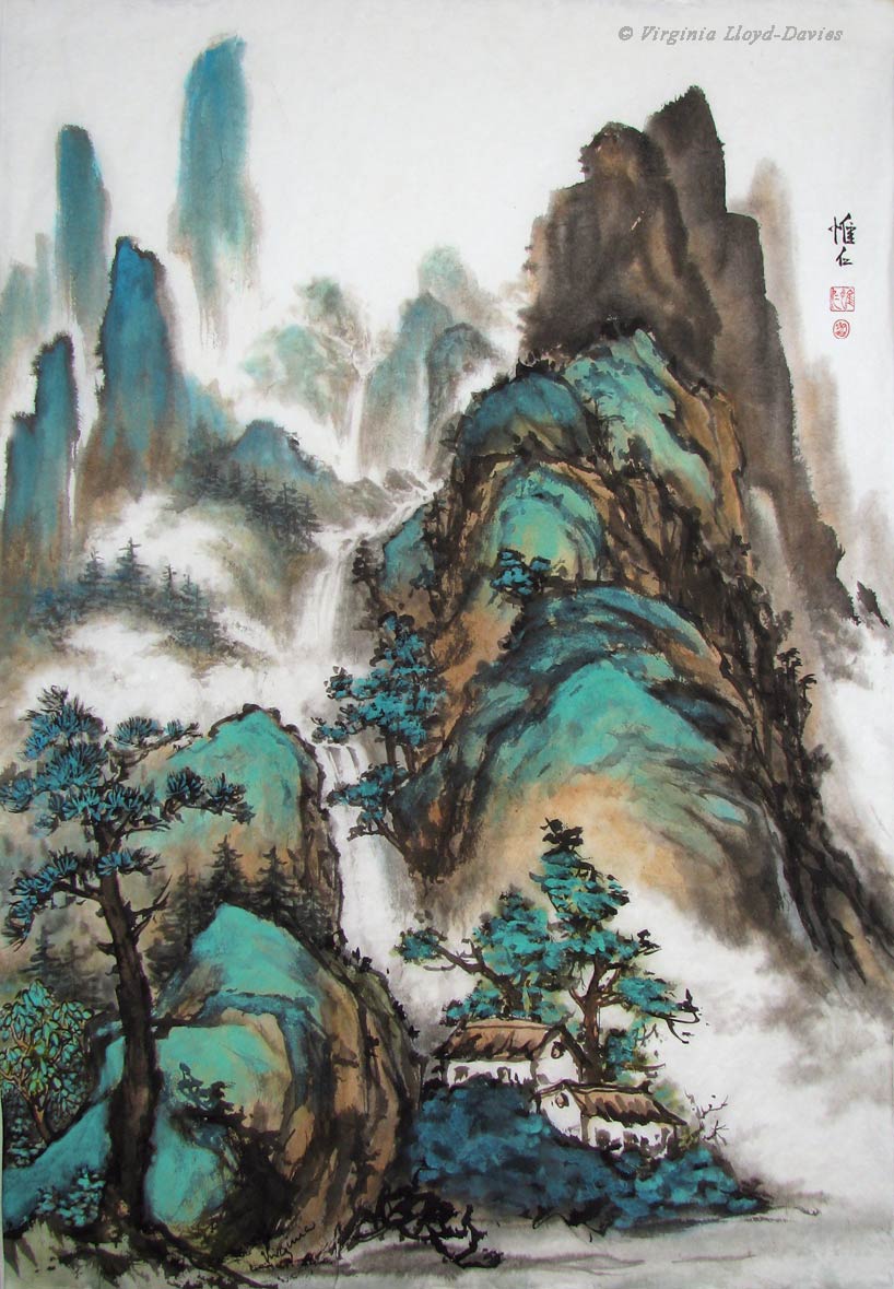 Chinese brush painting of mountains and houses