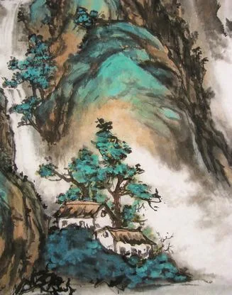 Closeup of houses and mountains in bright blue and green